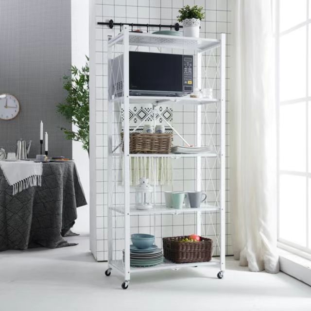 Folding storage rack home storage foldable kitchen display rack shelf with wheels kitchen organizer shelf  (2)